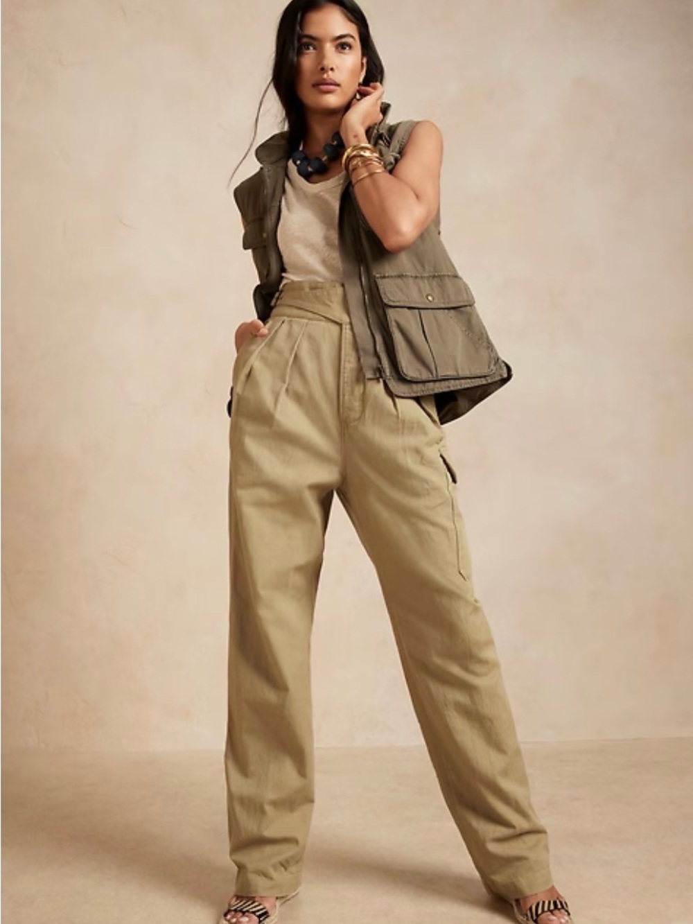 Banana Republic Olive/Tan Wide-Leg High-Waist Utility Pants
